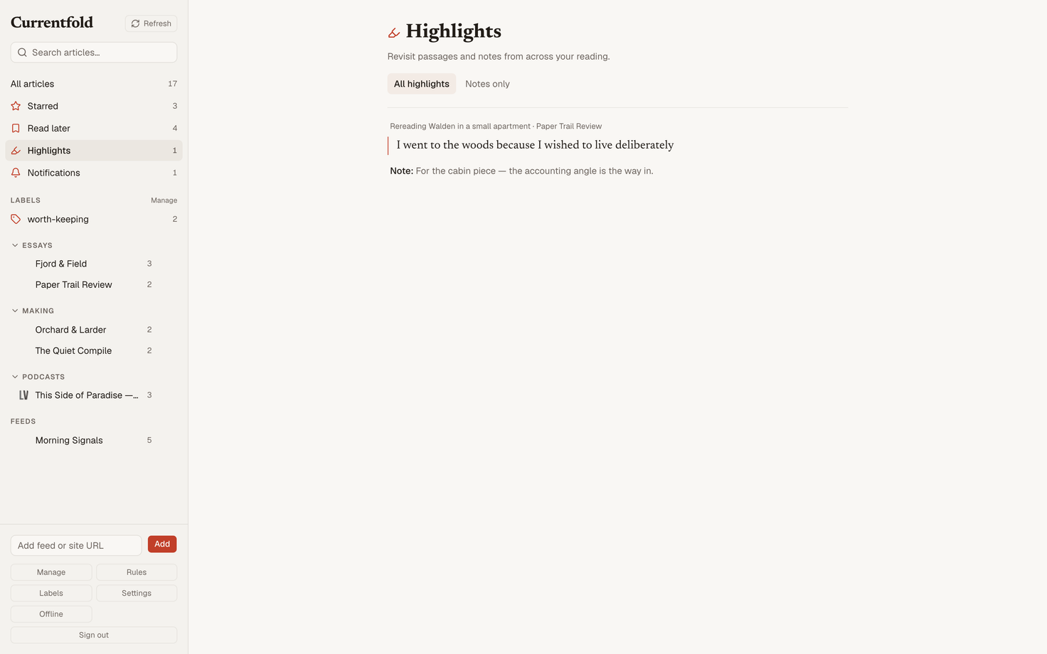 The highlights library in Currentfold, listing saved passages with their notes and the articles they came from.