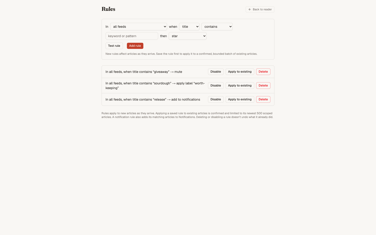 Currentfold's rules editor showing three live rules that label, star, and file incoming articles automatically.